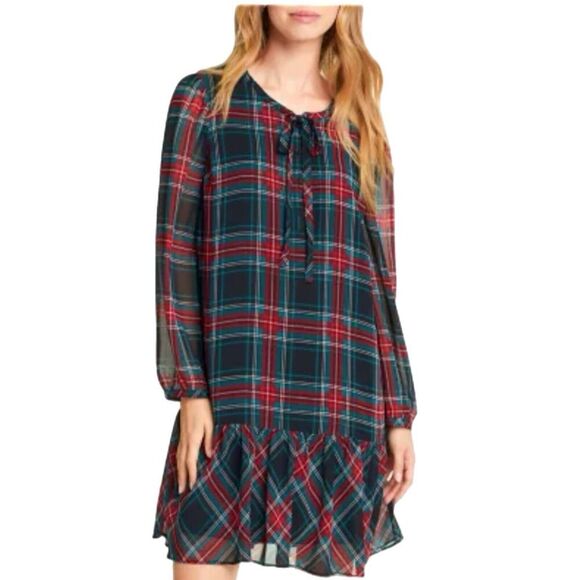 Draper James Small Plaid Long Sleeve Flounce Ruffle Hem Shift Dress Tie Neck - Picture 2 of 12